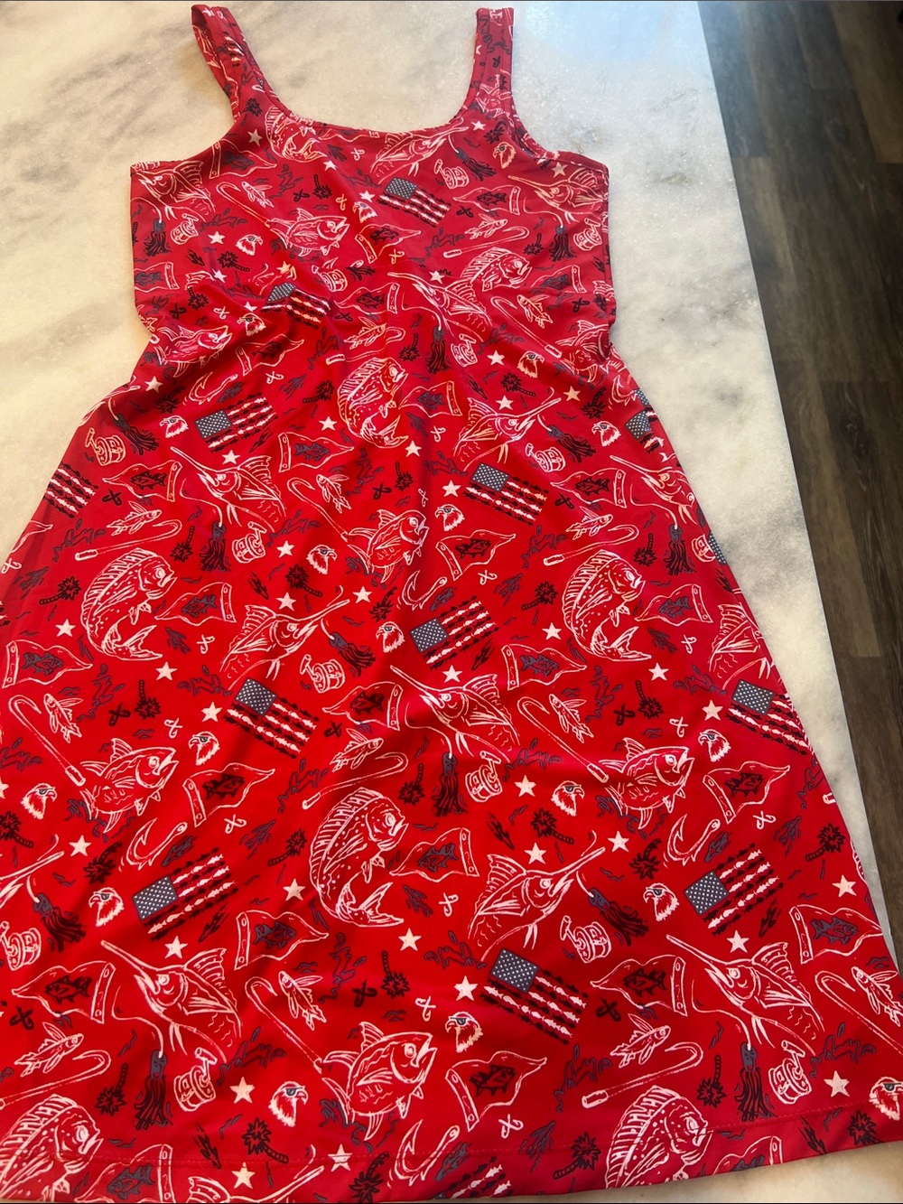 Red Sleeveless Casual A-Line Dress with Patriotic Fish Print